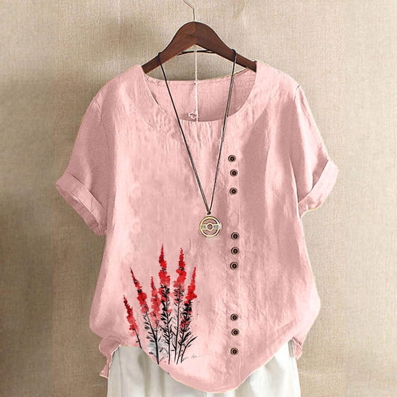 QUNYINEY Crew Neck Womens Summer Tops Casual Floral Short Sleeve Shirts Linen Pullover Loose Button Tops