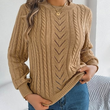 QUNYINEY Crew Neck Womens Sweaters Fall Pullover Yellow Solid Cable Knit Tops Casual Regular Long Sleeve Sweaters