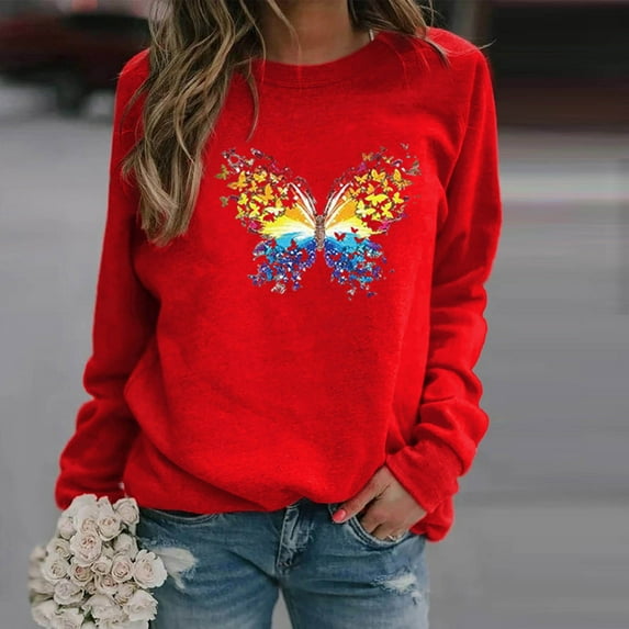 QUNYINEY Crew Neck Womens Sweatshirt Butterfly Casual Red Long Sleeve Tops Loose Drop Shoulder Pullover Sweatshirts