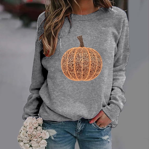 QUNYINEY Crew Neck Womens Sweatshirts Graphic Pumpkin Pullover Halloween Tops Fall Casual Long Sleeve Loose Fit Sweatshirts