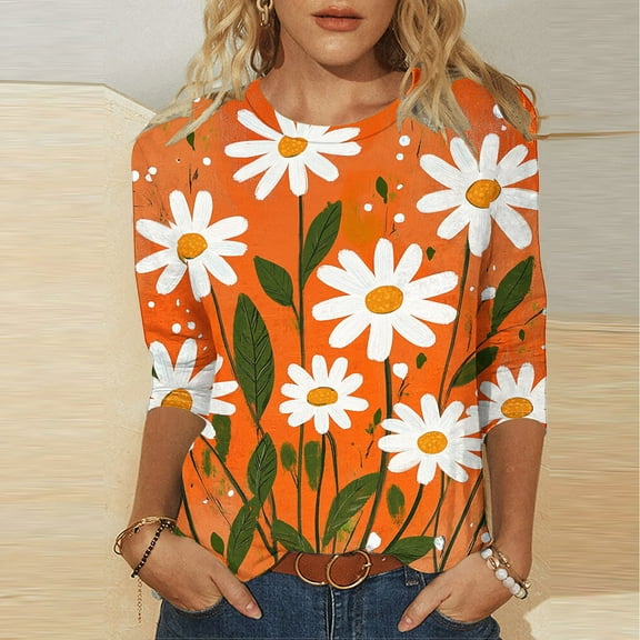 QUNYINEY Crew Neck Womens T Shirts Casual Orange Floral 3/4 Sleeve Tops Loose Pullover Drop Shoulder T-Shirts Women's Tops