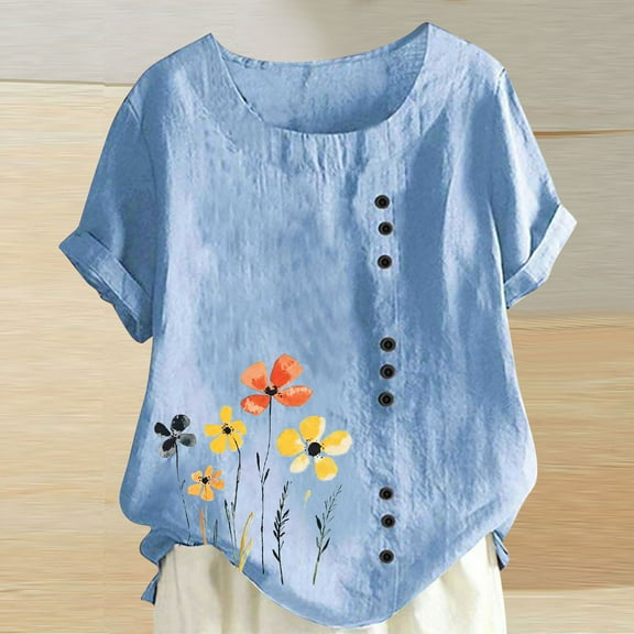 QUNYINEY Crew Neck Womens T Shirts Casual Short Sleeve Floral Tops Pullover Loose Button Cotton Linen Womens Tops