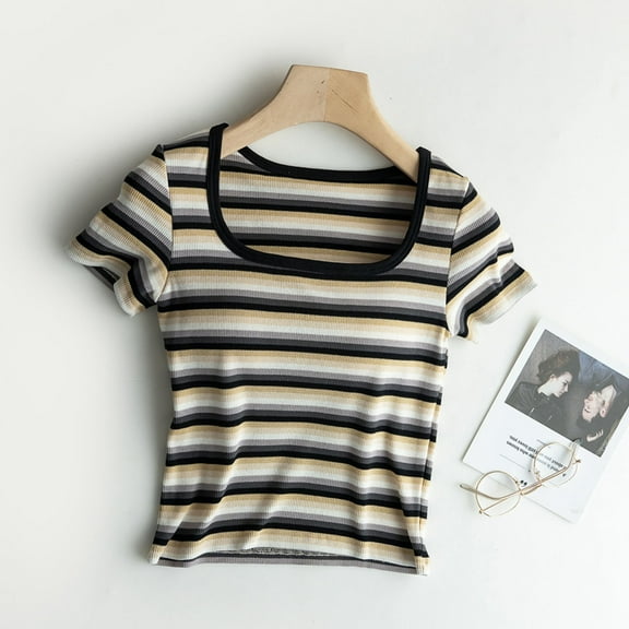 QUNYINEY Crew Neck Womens T Shirts Casual Striped Short Sleeve Tops Summer Cotton Slim Crop Womens Tops