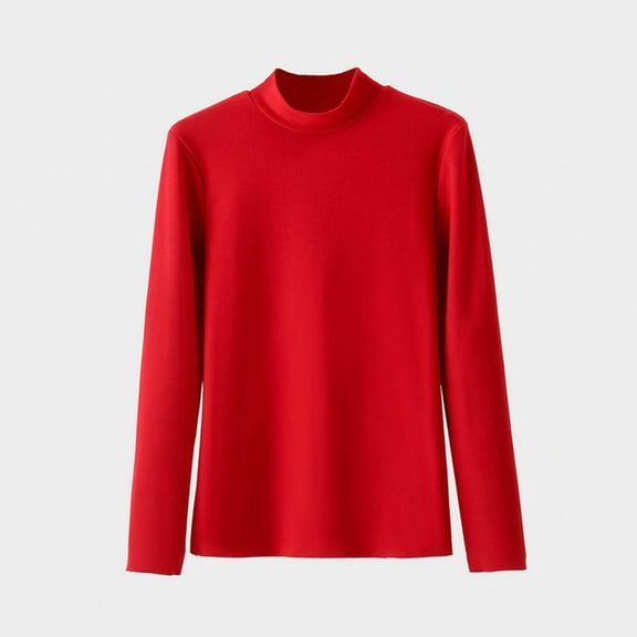 QUNYINEY Crew Neck Womens T Shirts Long Sleeve Red Casual Solid Undershirt Pullover Loose Drop Shoulder T-Shirts Women's Tops