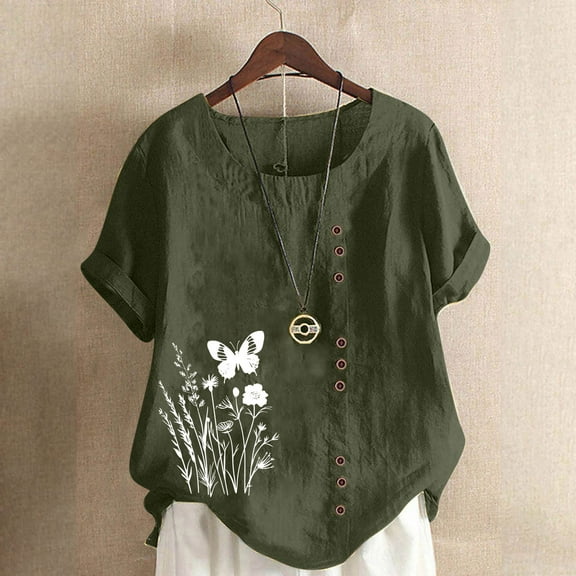 QUNYINEY Crew Neck Womens T Shirts Short Sleeve Butterfly Casual Tops Cotton Linen Loose Button Pullover Shirts