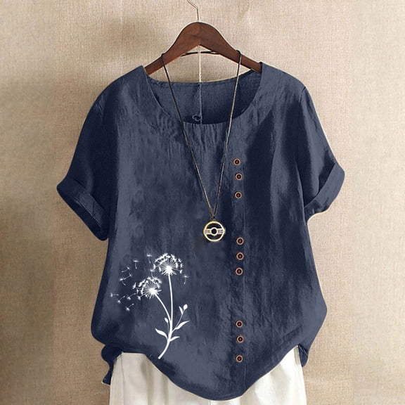 QUNYINEY Crew Neck Womens T Shirts Short Sleeve Casual Dandelion Tops Button Cotton Linen Pullover Loose Shirts