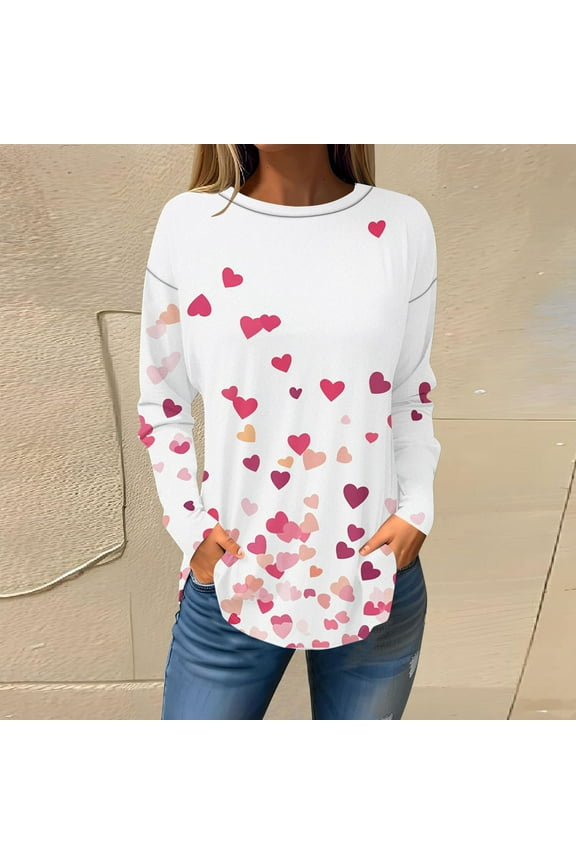 Crew Neck Womens T Shirts Valentine's Day Pink Casual Long Sleeve Tops Love Heart Drop Shoulder Loose Pullover T-Shirts Womens Tops Trendy