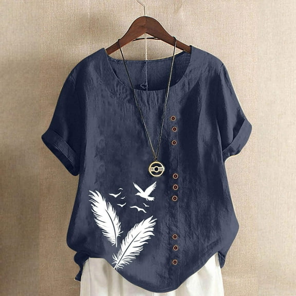QUNYINEY Crew Neck Womens Tops Casual Short Sleeve Feather Shirts Button Loose Linen Pullover Tops