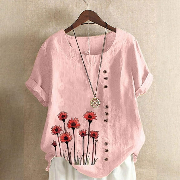 QUNYINEY Crew Neck Womens Tops Floral Short Sleeve Casual Shirts Loose Button Pullover Linen Tops