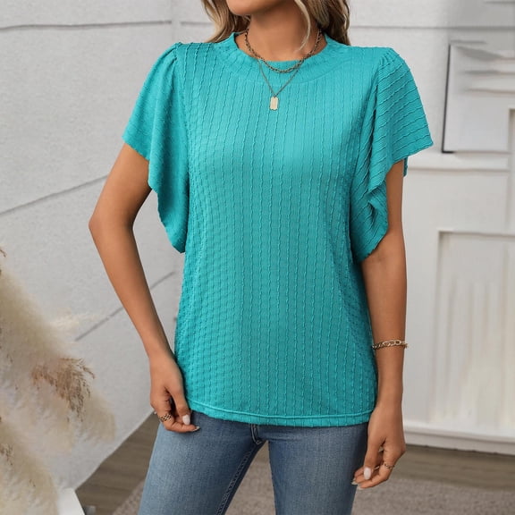 QUNYINEY Crew Neck Womens Tops Trendy Casual Solid Short Sleeve Shirts Loose Pullover Ribbed Knit Tops