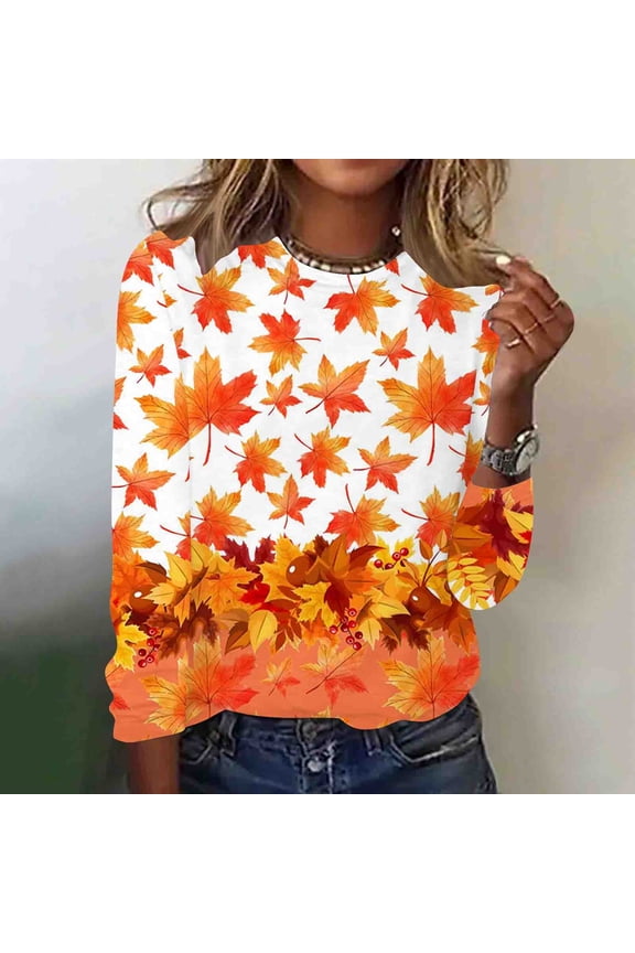 Crewneck T-Shirts for Women Long Sleeve Maple Leaf Thanksgiving Day Tops Pullover Loose Fit Graphic Tees