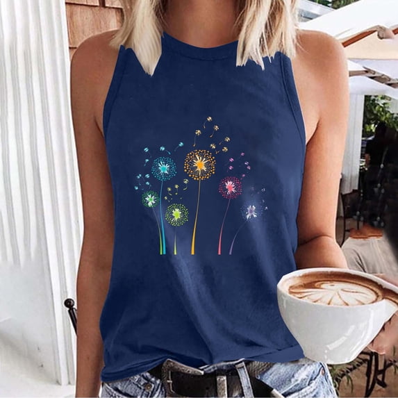 QUNYINEY Crewneck Tank Top Women Casual Muscle Sleeveless Dandelion Shirts Summer Loose Tank Tops