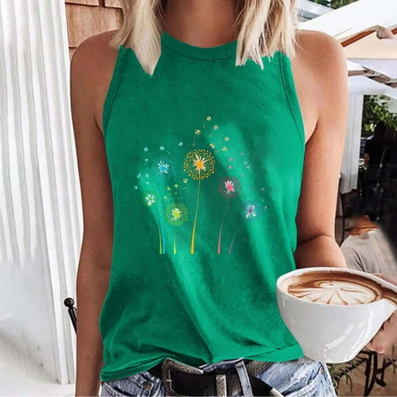 QUNYINEY Crewneck Tank Tops Women Dandelion Muscle Casual Sleeveless Shirts Summer Loose Tank Tops