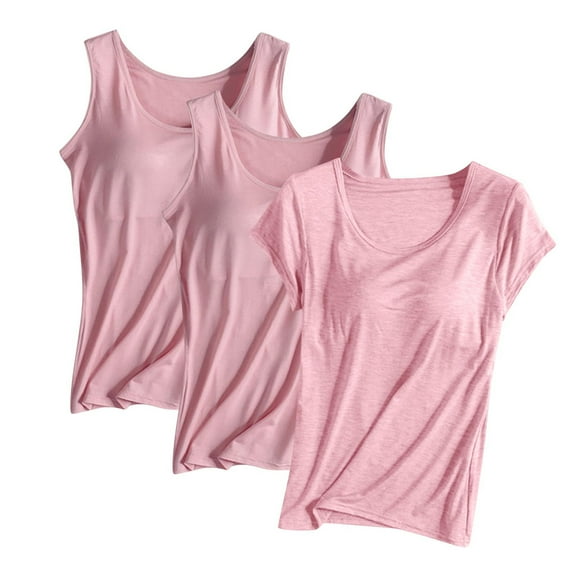 QUNYINEY Crewneck Tank Tops for Women Solid Camisole Sleeveless Casual Undershirts Loose 3pc Built In Pads Tank Tops
