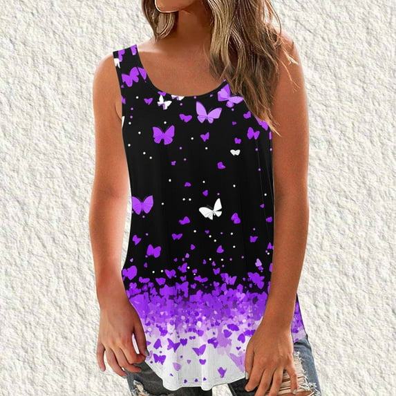 QUNYINEY Crewneck Womens T Shirts Pullover Casual Butterfly Sleeveless Tank Tops Summer Loose Graphic Tees