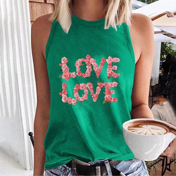 QUNYINEY Crewneck Womens Tank Tops Sleeveless Love Casual Muscle Shirts Summer Loose Tank Tops