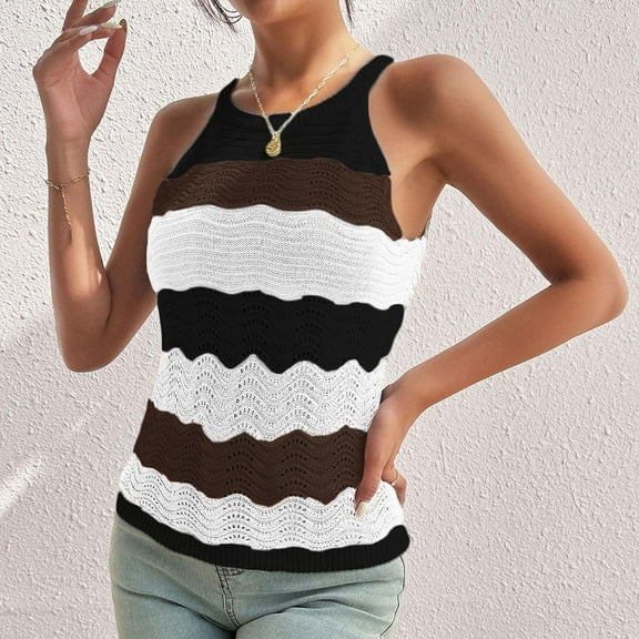 QUNYINEY Crop Women Tank Tops Crewneck Sleeveless Casual Colorblock Shirts Knit Loose Tank Tops