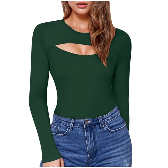 QUNYINEY Cut Out Tops for Women Solid Casual Long Sleeve Blouse Slim Pullover Crew Neck Shirts