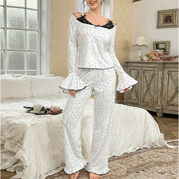 QUNYINEY Cute Pajama Sets for Women 2 Piece Bell Long Sleeve Lace Polka Dot Top and Pants Crew Neck Ruffle Loose Fit Women 2 Piece Outfits Sets