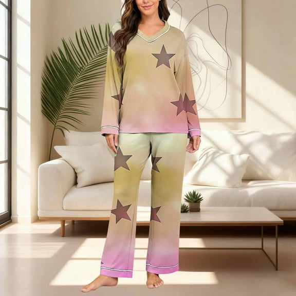 QUNYINEY Cute Pajama Sets for Women Long Sleeve Star Comfy Nightwear Shirts and Pants V Neck Loose Fit 2 Piece Outfits for Women
