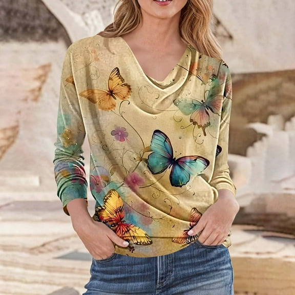 QUNYINEY Cute Womens T Shirts Crew Neck Butterfly Long Sleeve Tops Casual Loose Fit Pullover Graphic Tees Fall Clothes for Women 2025