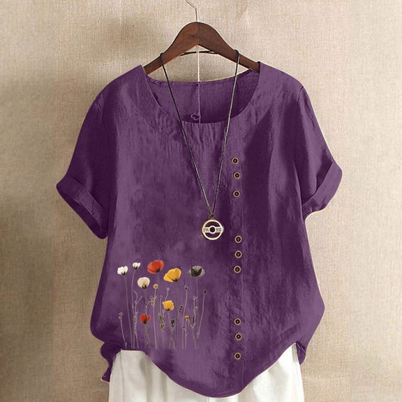 QUNYINEY Dandelion T Shirts for Women Casual Short Sleeve Crew Neck Tops Button Loose Cotton Linen Pullover Shirts