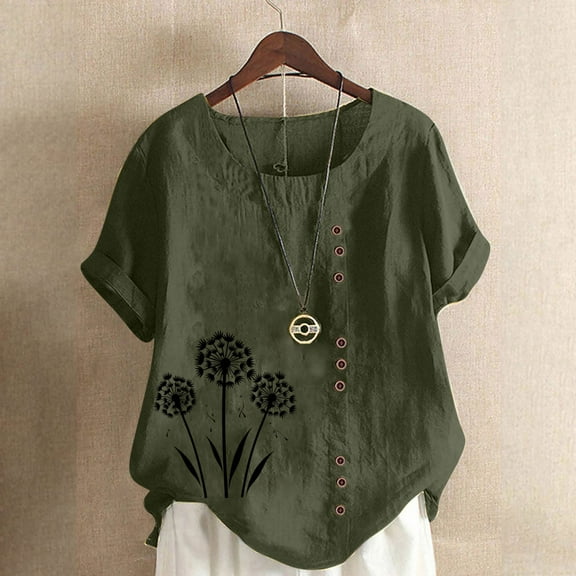 QUNYINEY Dandelion Women's T-Shirts Casual Pullover Short Sleeve Crew Neck Tops Linen Loose Button Tops for Women Trendy