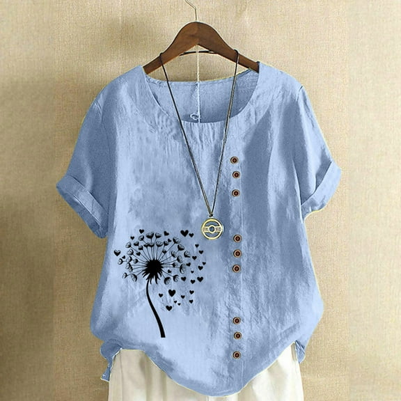 QUNYINEY Dandelion Women's T-Shirts Crew Neck Short Sleeve Pullover Casual Tops Button Loose Linen Womens Tops Trendy