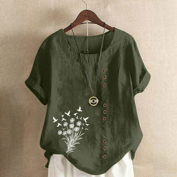 QUNYINEY Dandelion Womens T Shirts Casual Short Sleeve Crew Neck Tops Cotton Linen Button Loose Pullover Womens Tops