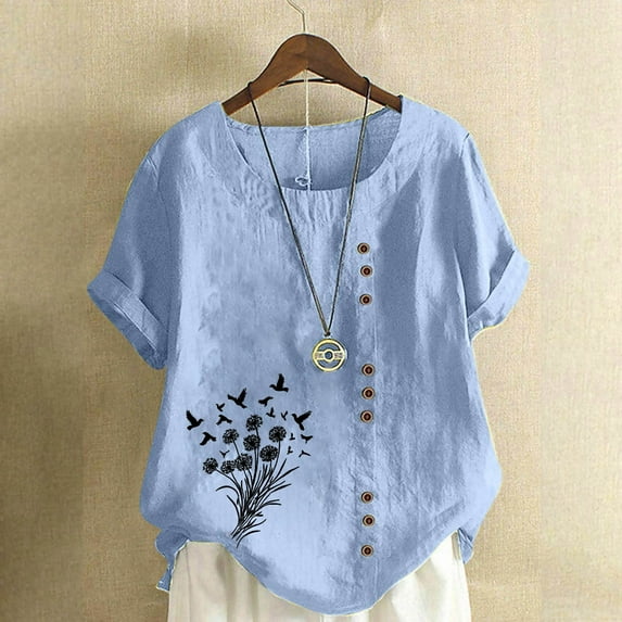 QUNYINEY Dandelion Womens T Shirts Short Sleeve Casual Crew Neck Tops Button Cotton Linen Loose Pullover Women's Tops
