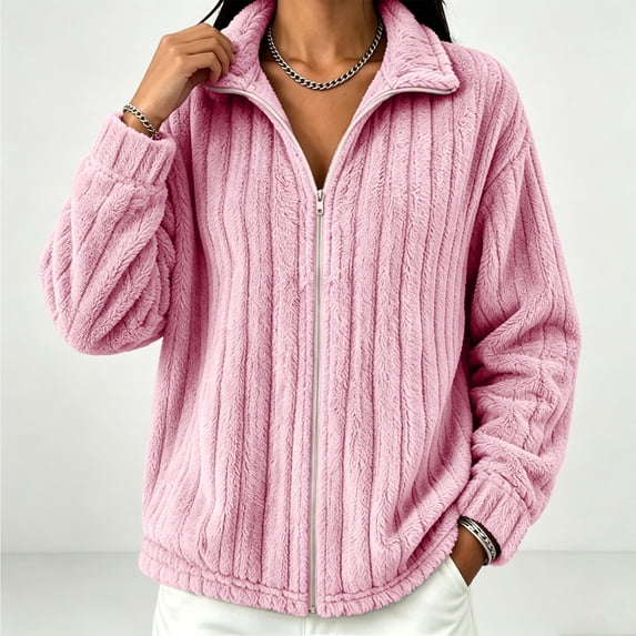 QUNYINEY Double Sided Fleece Fleece Jackets for Women Lightweight Full-Zip without Hood Outerwear Jackets Long Sleeve Solid Color Stand Colla Winter Coats