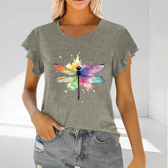 QUNYINEY Dragonfly Women's Shirts Ruffle Short Sleeve Crew Neck Casual Tops Loose Pullover Going Out Womens Tops