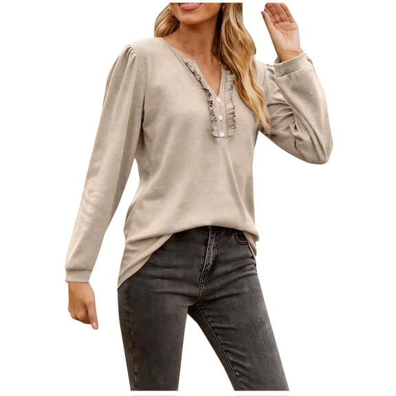 QUNYINEY Dress Blouses for Women Pleated Yellow Button Long Sleeve Tunic Tops Loose Fit Pullover V Neck Shirts for Women