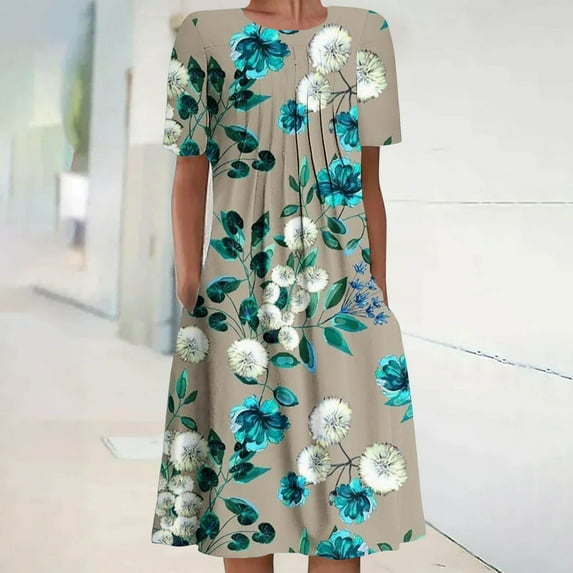 QUNYINEY Dresses for Women 2025 Casual Floral Short Sleeve A-Line Dress Crew Neck Pleated Flowy Midi Sundress