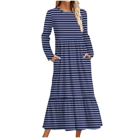 QUNYINEY Dresses for Women 2025 Casual Long Sleeve Striped A-Line Dress Empire Waist Flowy Crew Neck Maxi Dresses