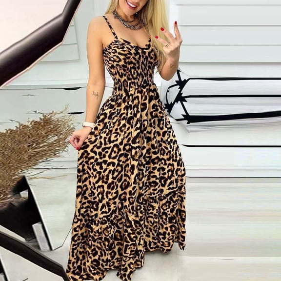 QUNYINEY Dresses for Women 2025 Sleeveless Leopard Print Casual Slip Dress Flowy Empire Waist V Neck Maxi Sundress