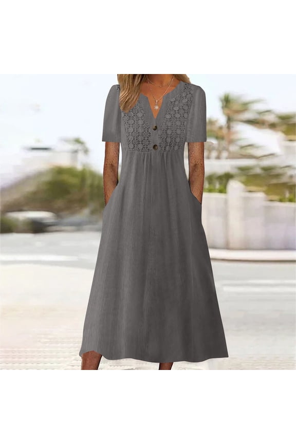 Dresses for Women 2025 Vintage Short Sleeve Casual A-Line Dress Empire Waist Flowy V Neck Maxi Dresses