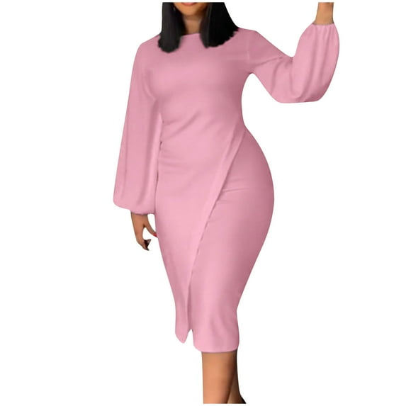 QUNYINEY Dresses for Women Balloon Long Sleeve Casual Solid Cocktail Dress Cinched Waist Crew Neck Midi Wrapped Dress