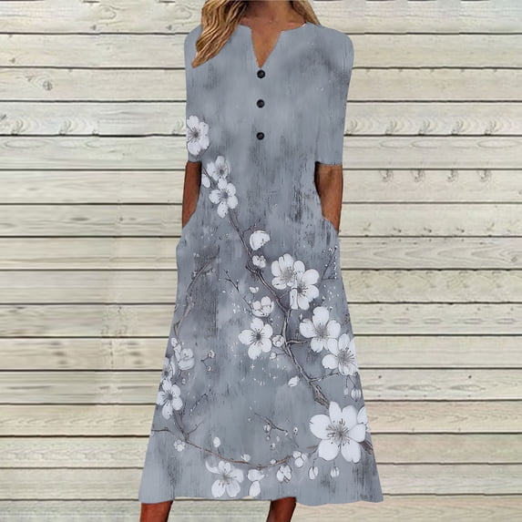 QUNYINEY Dresses for Women Floral Short Sleeve A-Line Midi Dresses V-Neck with Pockets Flowy Loose Fit Dresses