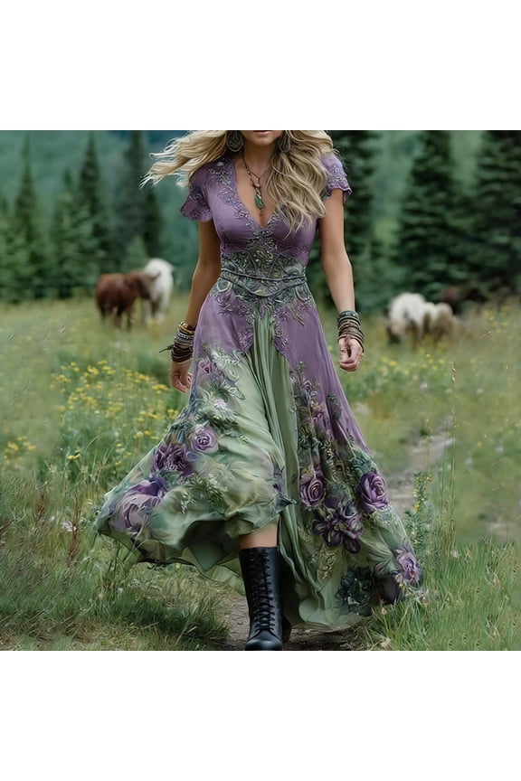 Dresses for Women Short Sleeve A-Line Boho Maxi Dresses Loose Fit Summer V-Neck Flowy Dresses