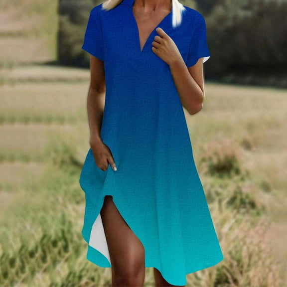 QUNYINEY Dresses for Women Short Sleeve Casual Gradient A-Line Dress Flowy V Neck Midi Sundress