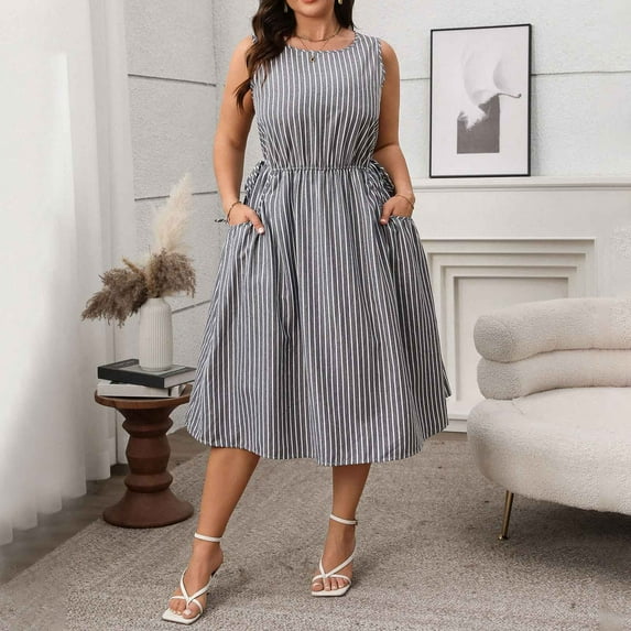 QUNYINEY Dresses for Women Striped Casual Sleeveless A-Line Dress Plus Size Flowy Crew Neck Midi Sundress