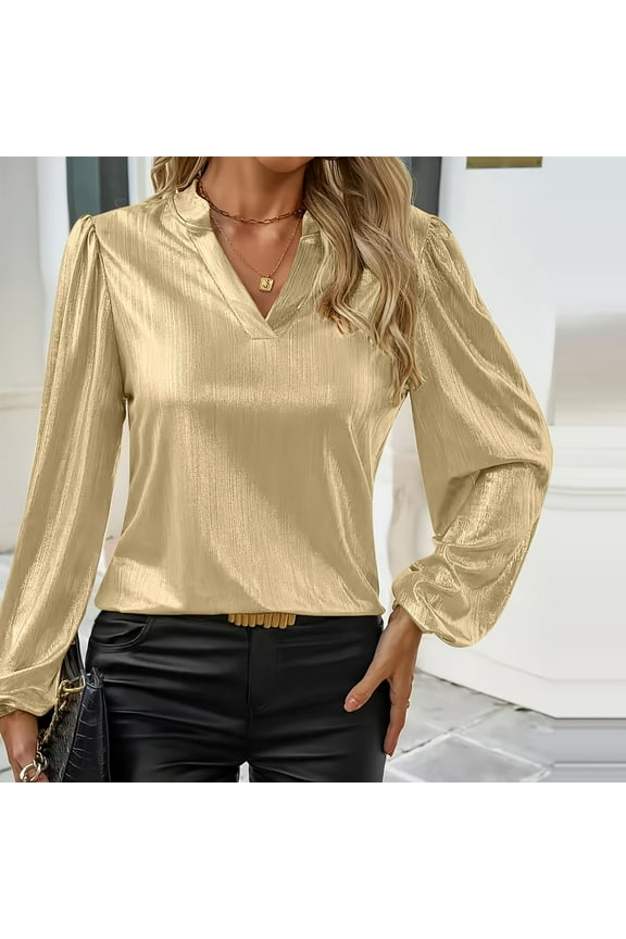 Dressy Blouse for Women Gold V-Neck Solid Puff Long Sleeve Shirts Loose Pullover Tops