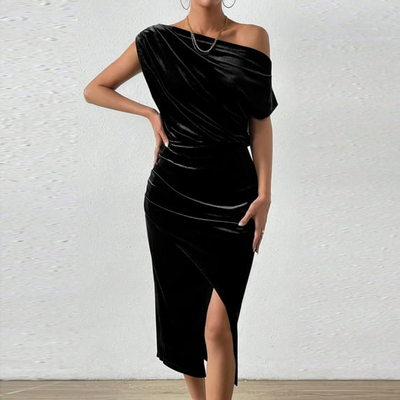 QUNYINEY Dressy Summer Dresses for Women 2025 Sleeveless Solid Evening Gown Off The Shoulder Split Hem Mini Dresses