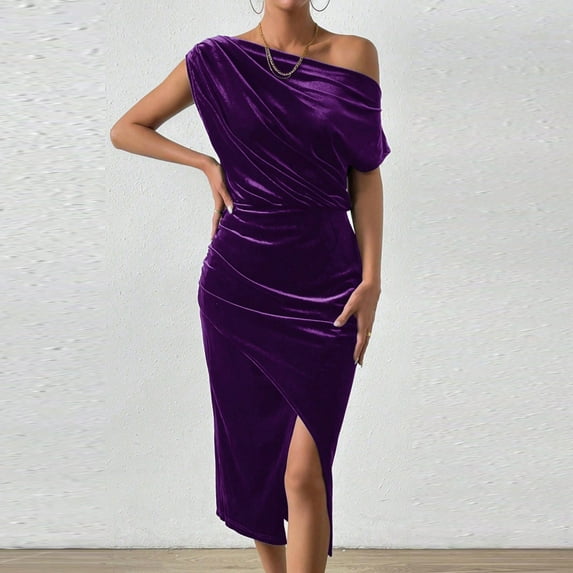 QUNYINEY Dressy Summer Dresses for Women Solid Sleeveless Evening Gown Off The Shoulder Split Hem Mini Dresses