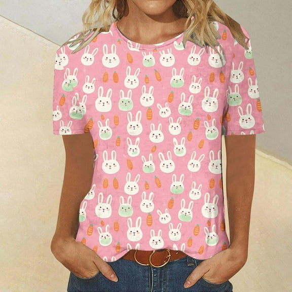 QUNYINEY Easter Shirts for Women Crew Neck Short Sleeve Casual Tops Loose Pullover Cute T-Shirts