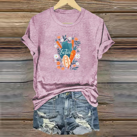 QUNYINEY Easter Shirts for Women Trendy Casual Short Sleeve Crew Neck Pullover Tops Loose Womens Summer Tops