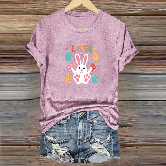 QUNYINEY Easter Shirts for Women Trendy Pullover Casual Crew Neck Short Sleeve Tops Loose Summer Tops for Women