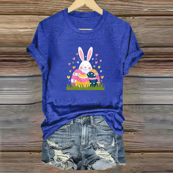 QUNYINEY Easter Shirts for Women Trendy Pullover Casual Short Sleeve Crew Neck Tops Loose Women's Tops