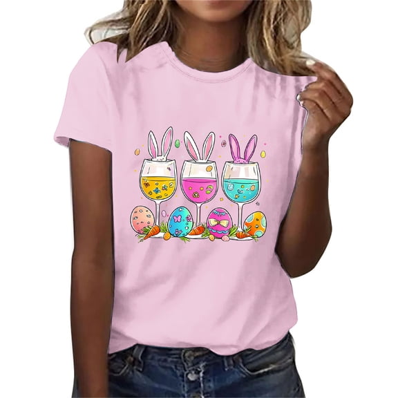 QUNYINEY Easter Tee Shirts Womens Pullover Crew Neck Casual Short Sleeve Tops Loose Funny Women's Tops